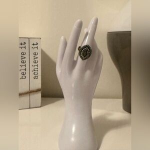 Vintage-Inspired Green and White Oval Statement Ring SZ 7